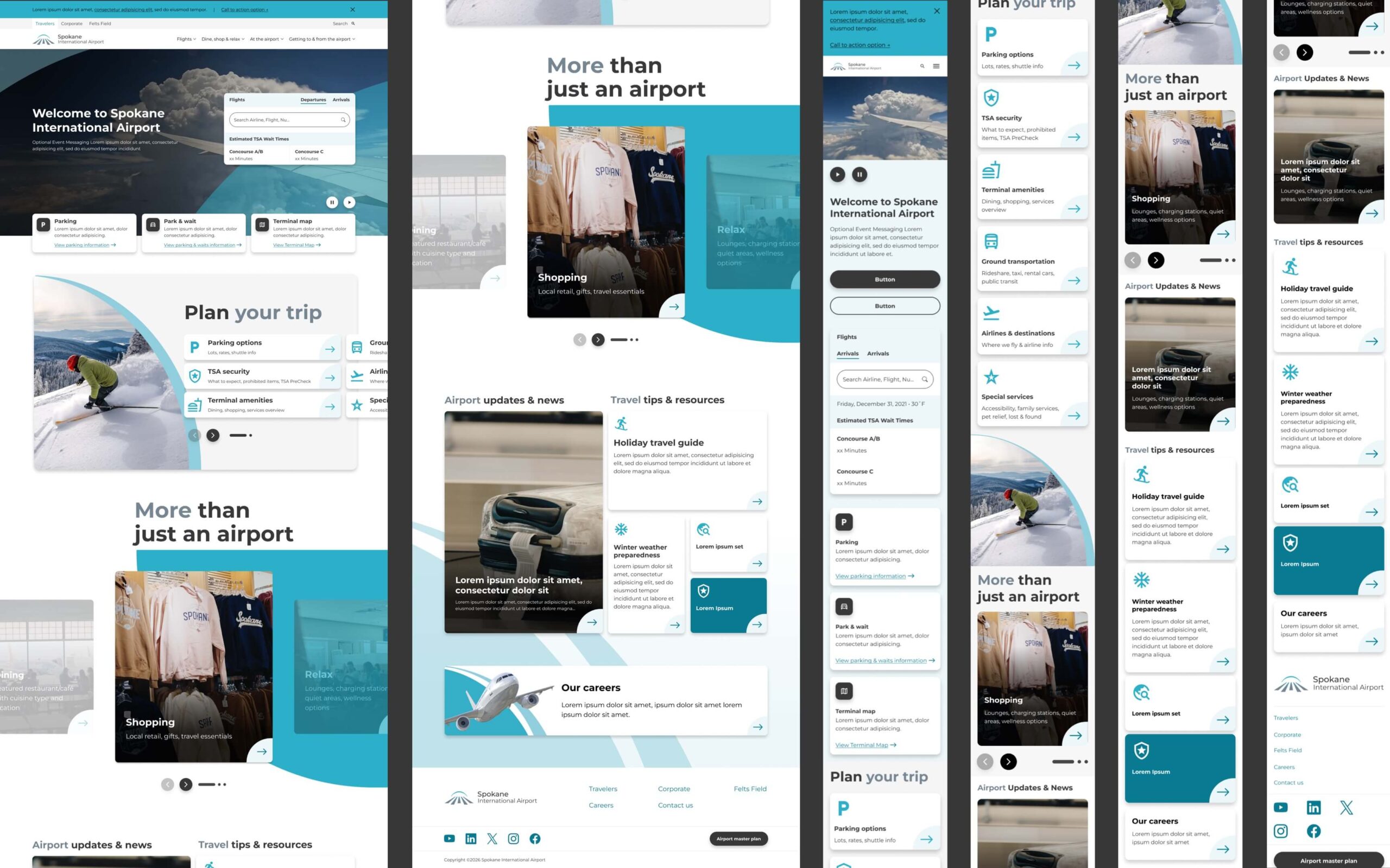 Home page design for airline. Includes main pathways for finding airlines and parking, as well as sections that contain essentially information of the airport.