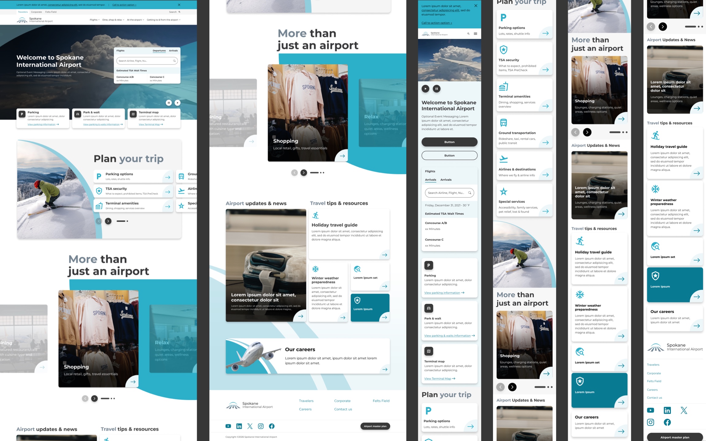Home page design for airline. Includes main pathways for finding airlines and parking, as well as sections that contain essentially information of the airport.