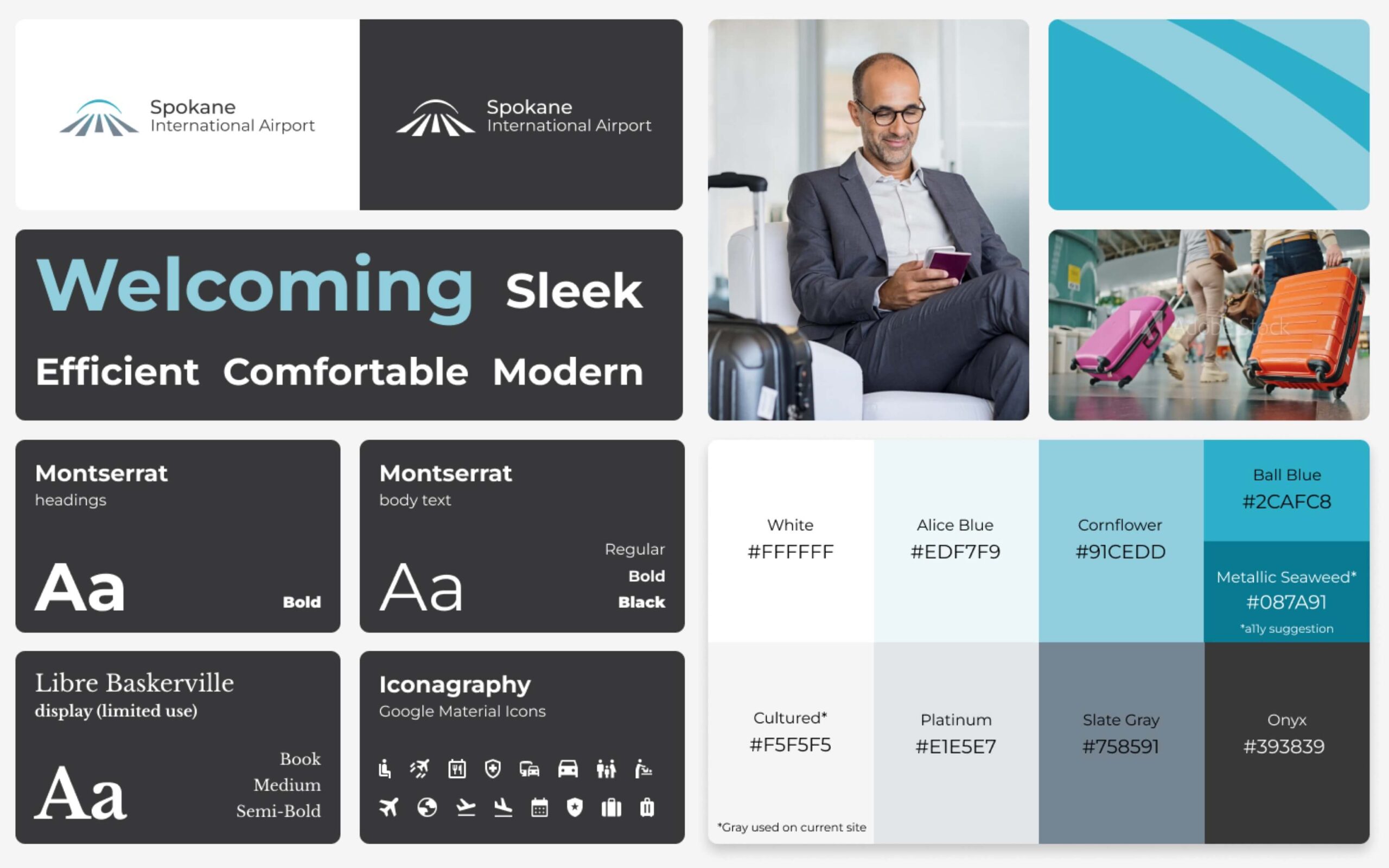 A collage of elements that display examples of: logos, adjectives, type, color swatches, video, images, and graphics that can be potentially used for airlines.