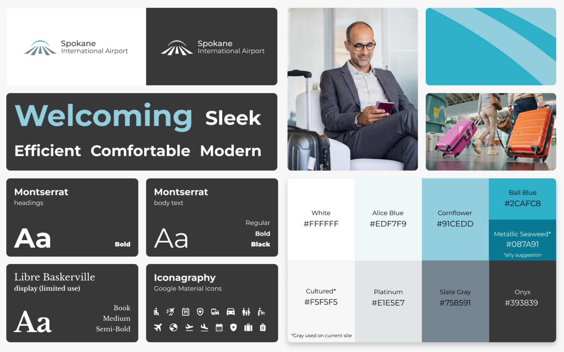 A collage of elements that display examples of: logos, adjectives, type, color swatches, video, images, and graphics that can be potentially used for airlines.