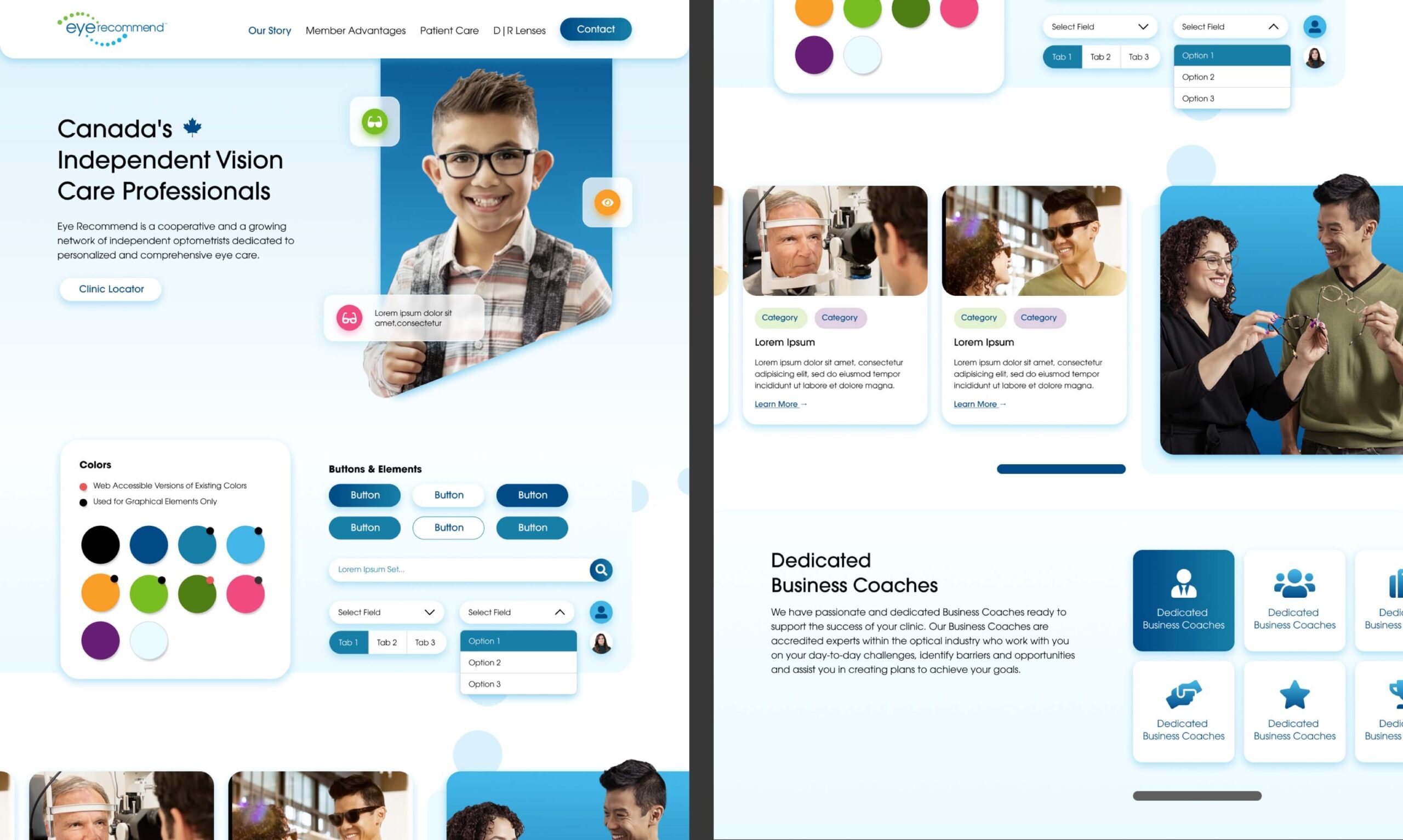A collage of elements that display examples of components: hero section, buttons, fields, cards, and featured step sections with background graphics.