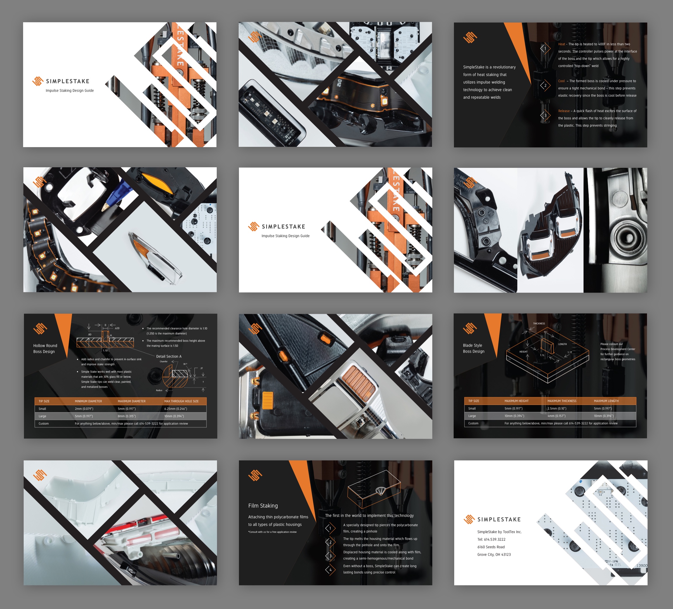 Examples of various pages that showcase specifications for stake technology.