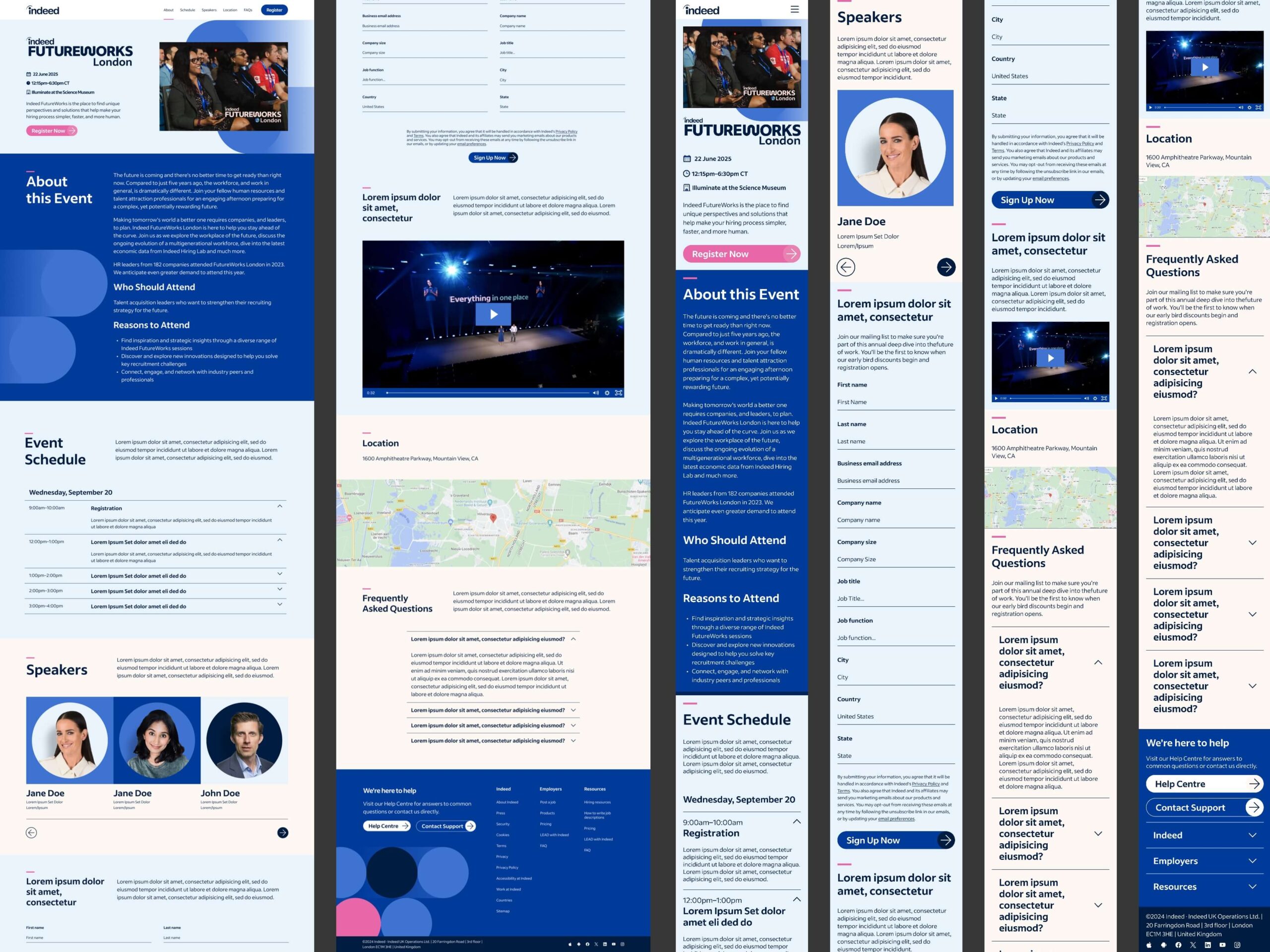 Collage of the 2025 event page design, comprised of various views for the desktop and mobile.