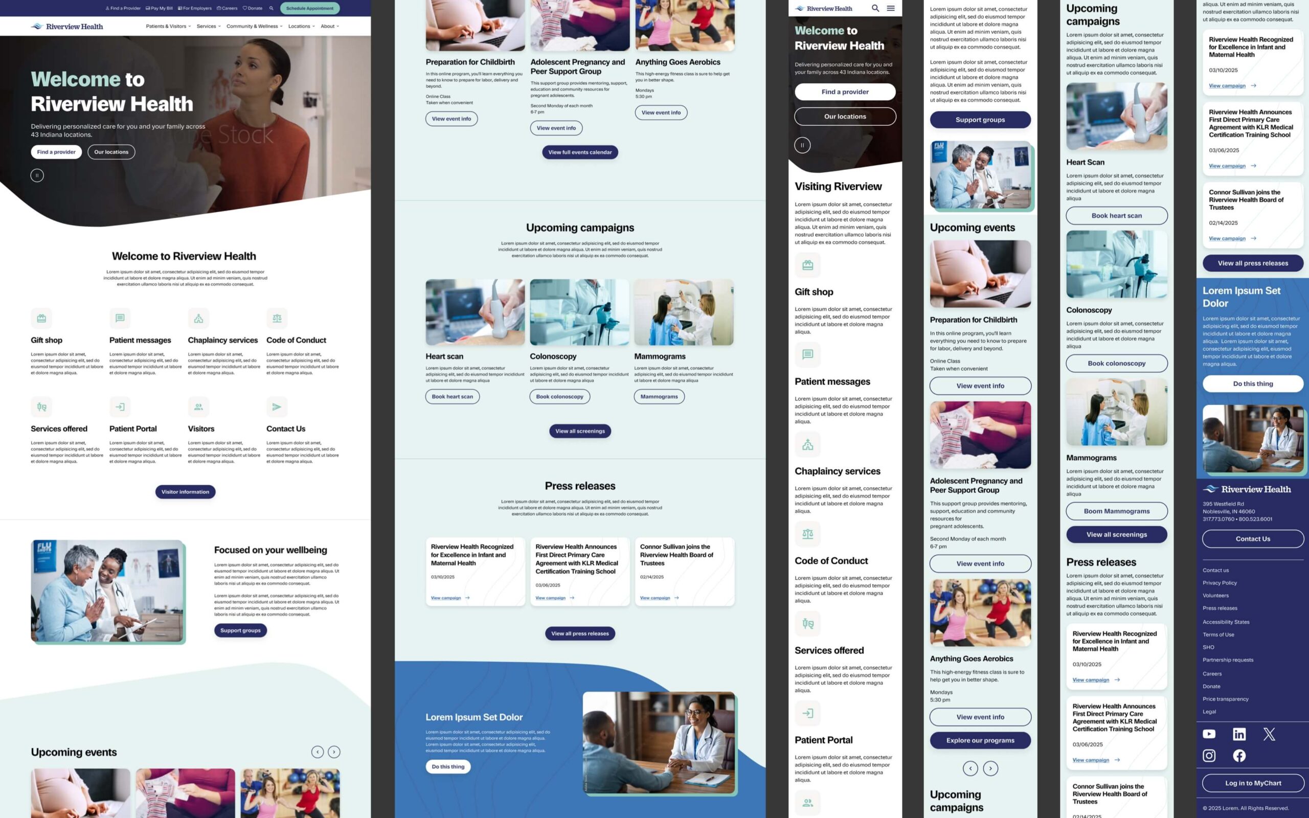 Collage of the home page design, comprised of various views for the desktop and mobile.