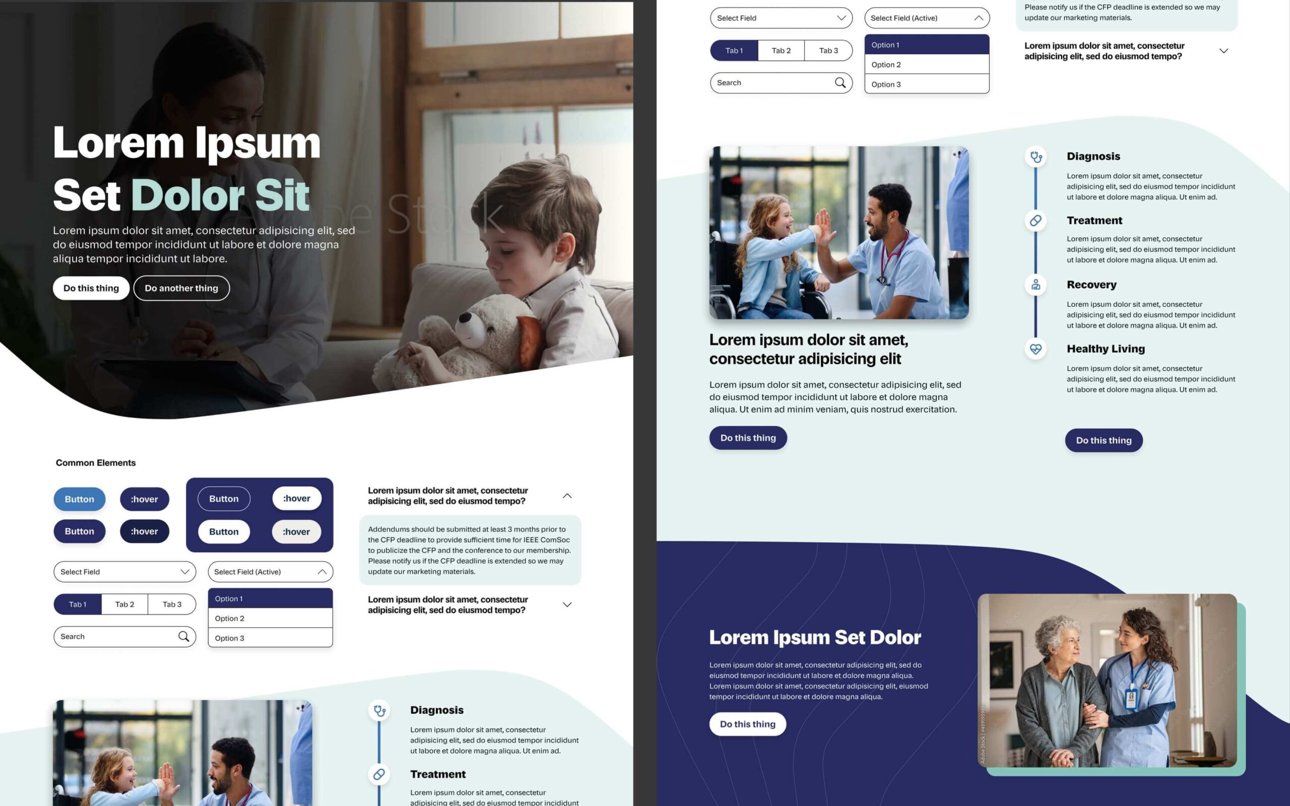 A collage of elements that display examples of components: hero section, buttons, fields, cards, and featured step sections with background graphics.

