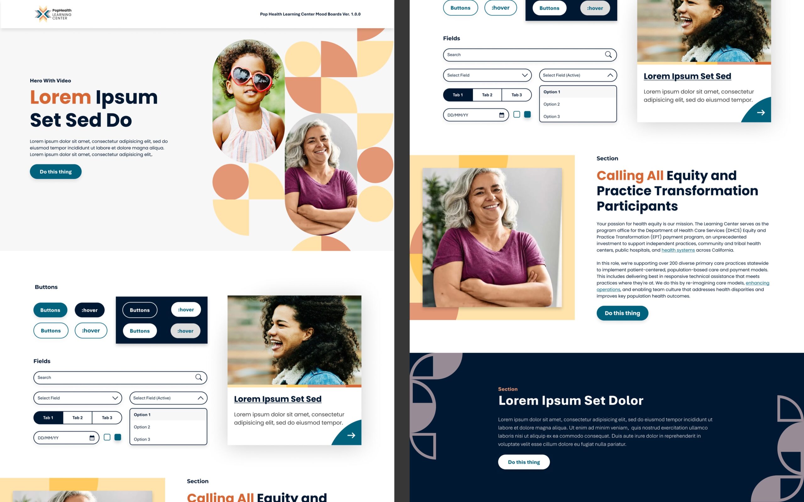 Version 1 of  collage of elements that display examples of components: hero section, buttons, fields, cards, and featured card sections with background graphics.
