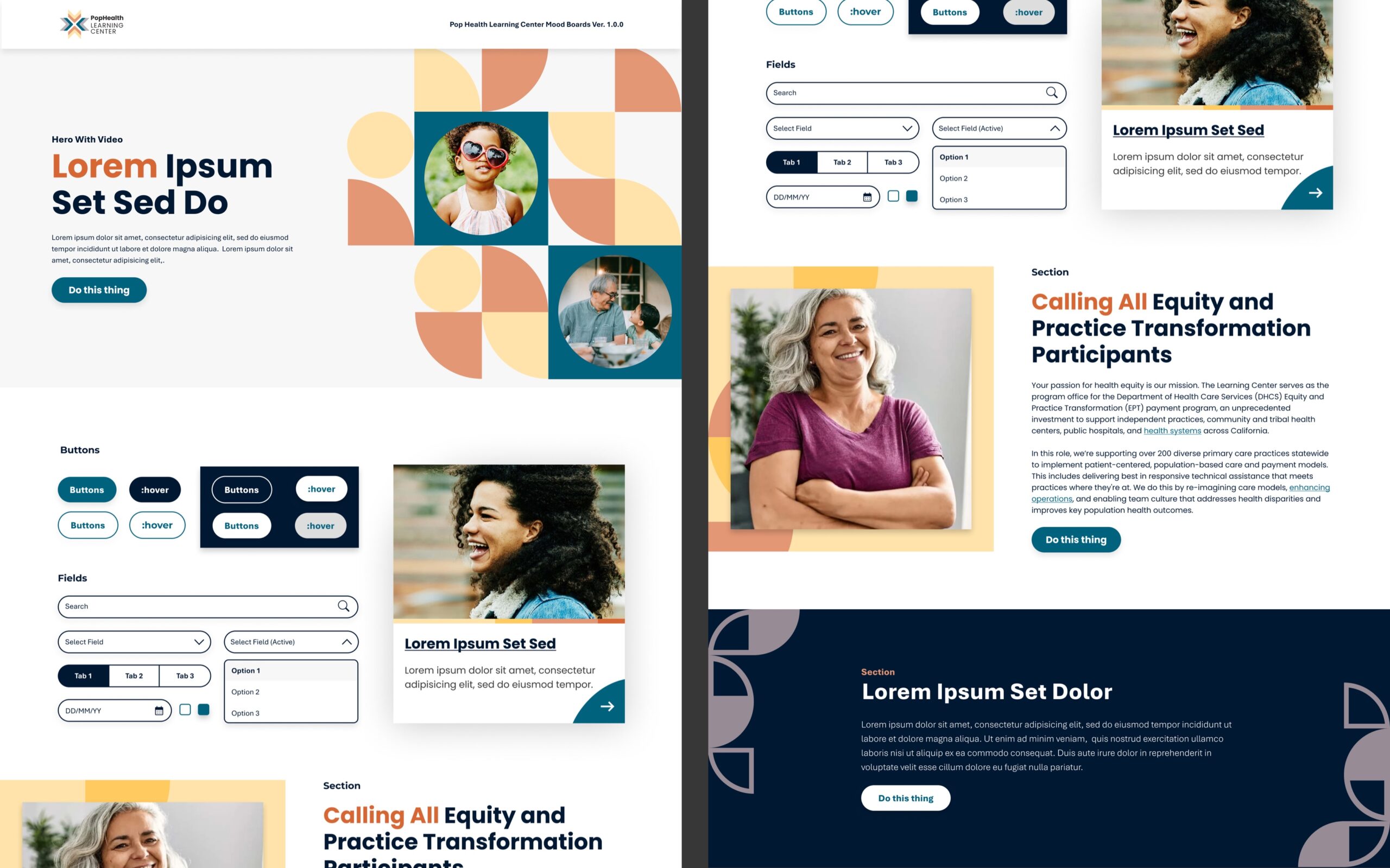Version 2 of  collage of elements that display examples of components: hero section, buttons, fields, cards, and featured card sections with background graphics.