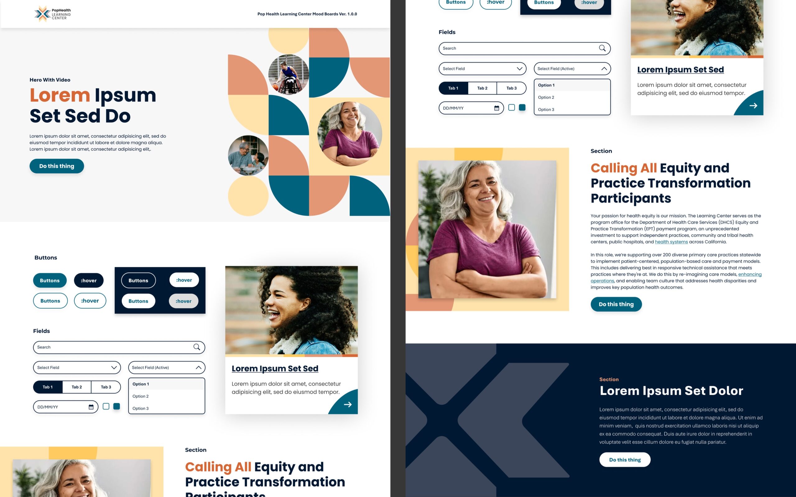 Version 3 of collage of elements that display examples of components: hero section, buttons, fields, cards, and featured card sections with background graphics.