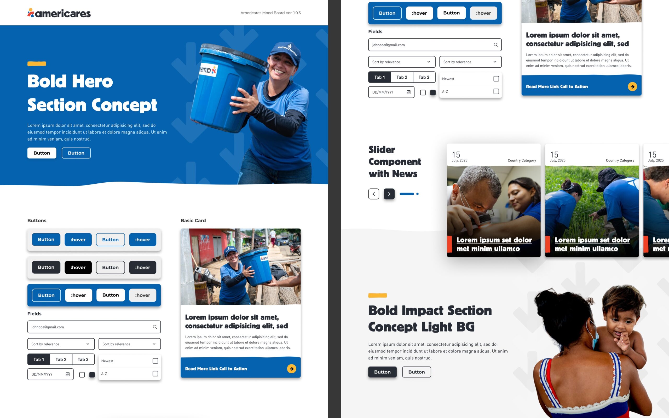 A collage of elements that display examples of components: hero section, buttons, fields, cards, and featured card sections with background graphics.