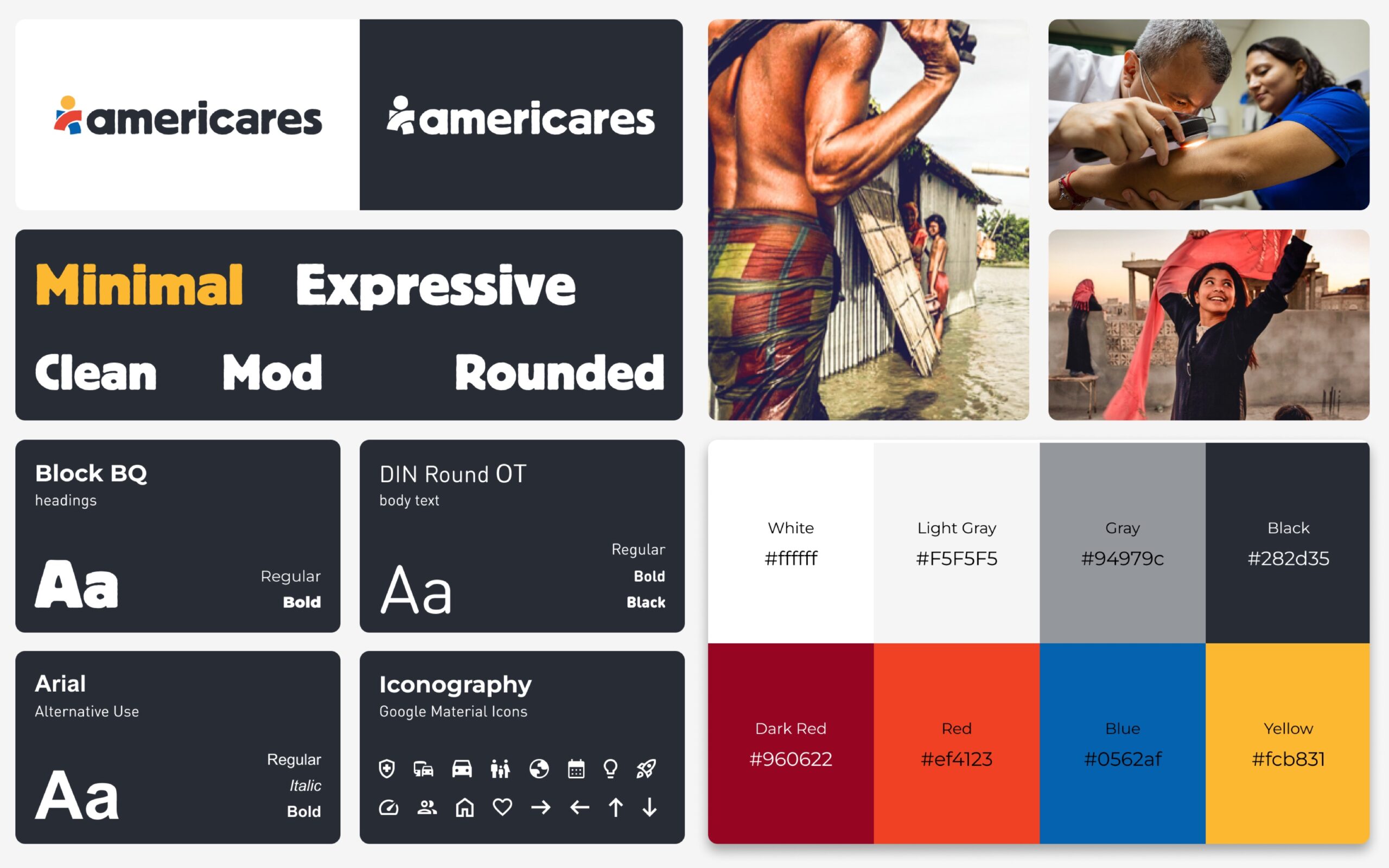 A collage of elements that display examples of: logos, adjectives, type, color swatches, video, images, and graphics that can be potentially used for humanitarian aesthetic.
