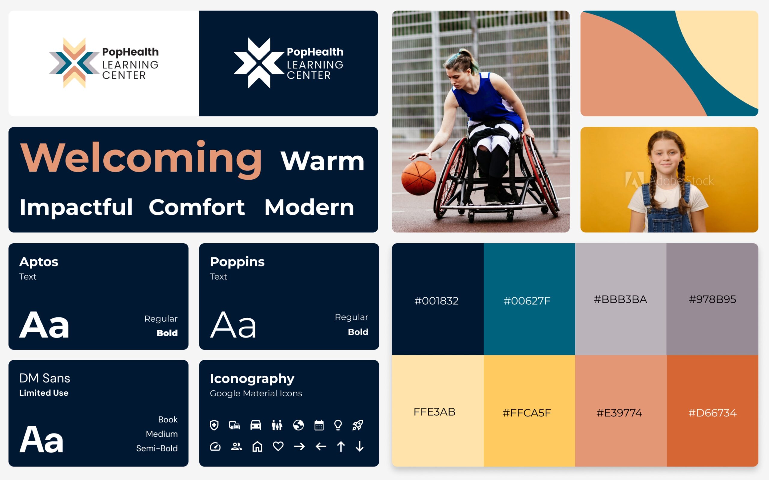 A collage of elements that display examples of: logos, adjectives, type, color swatches, video, images, and graphics that can be potentially used for learning centers.