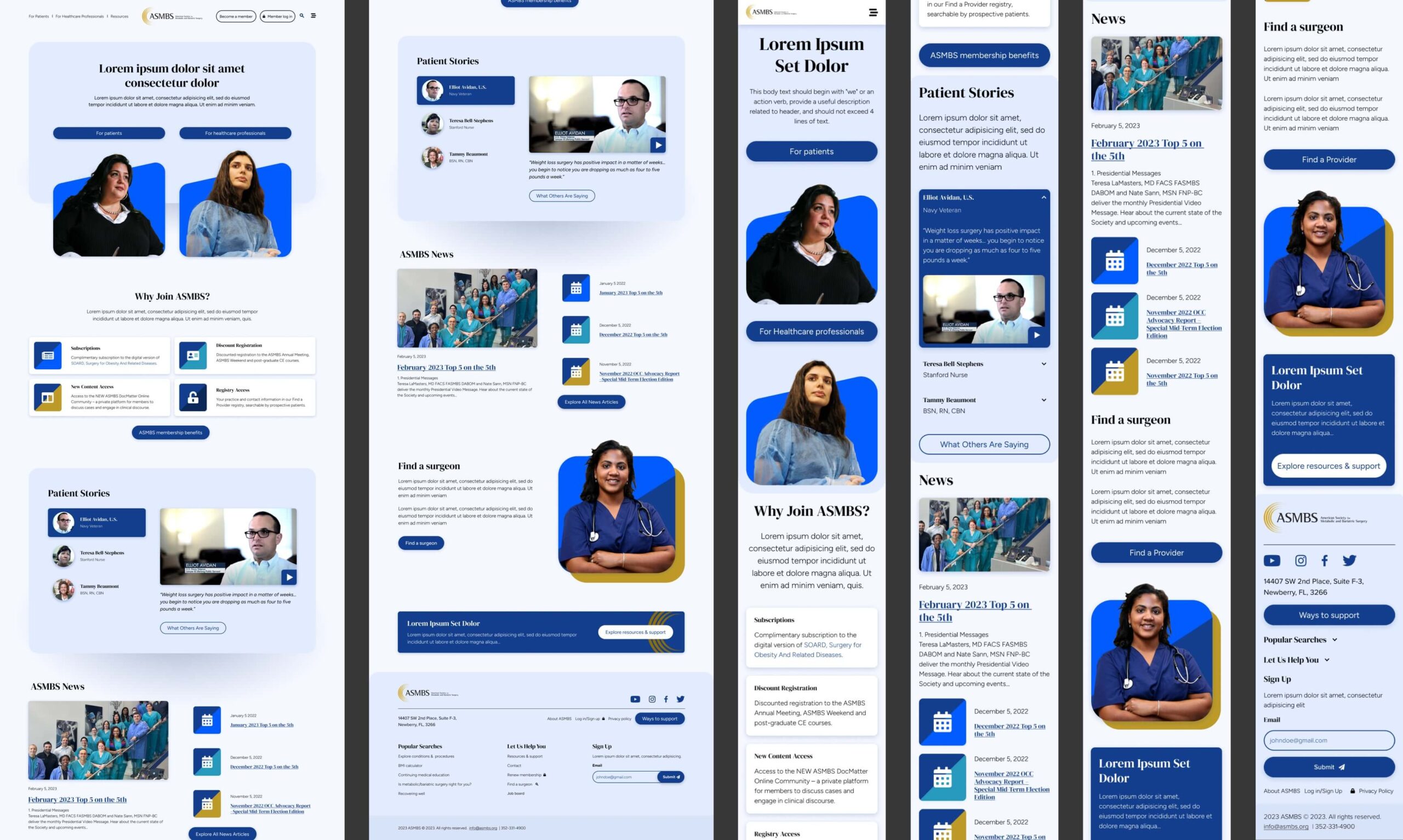 Collage of the home page design, comprised of various views for the desktop and mobile.