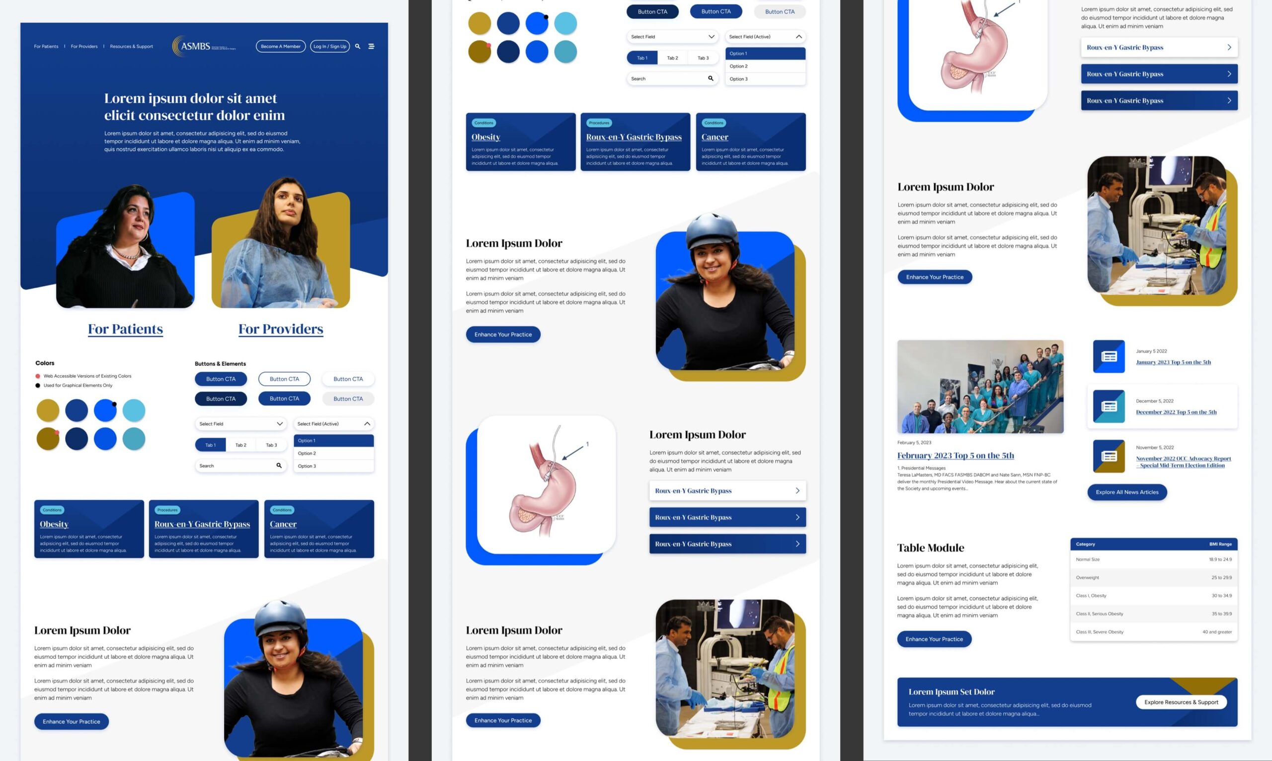 A collage of elements that display examples of components: hero section, buttons, fields, cards, and featured step sections with background graphics.