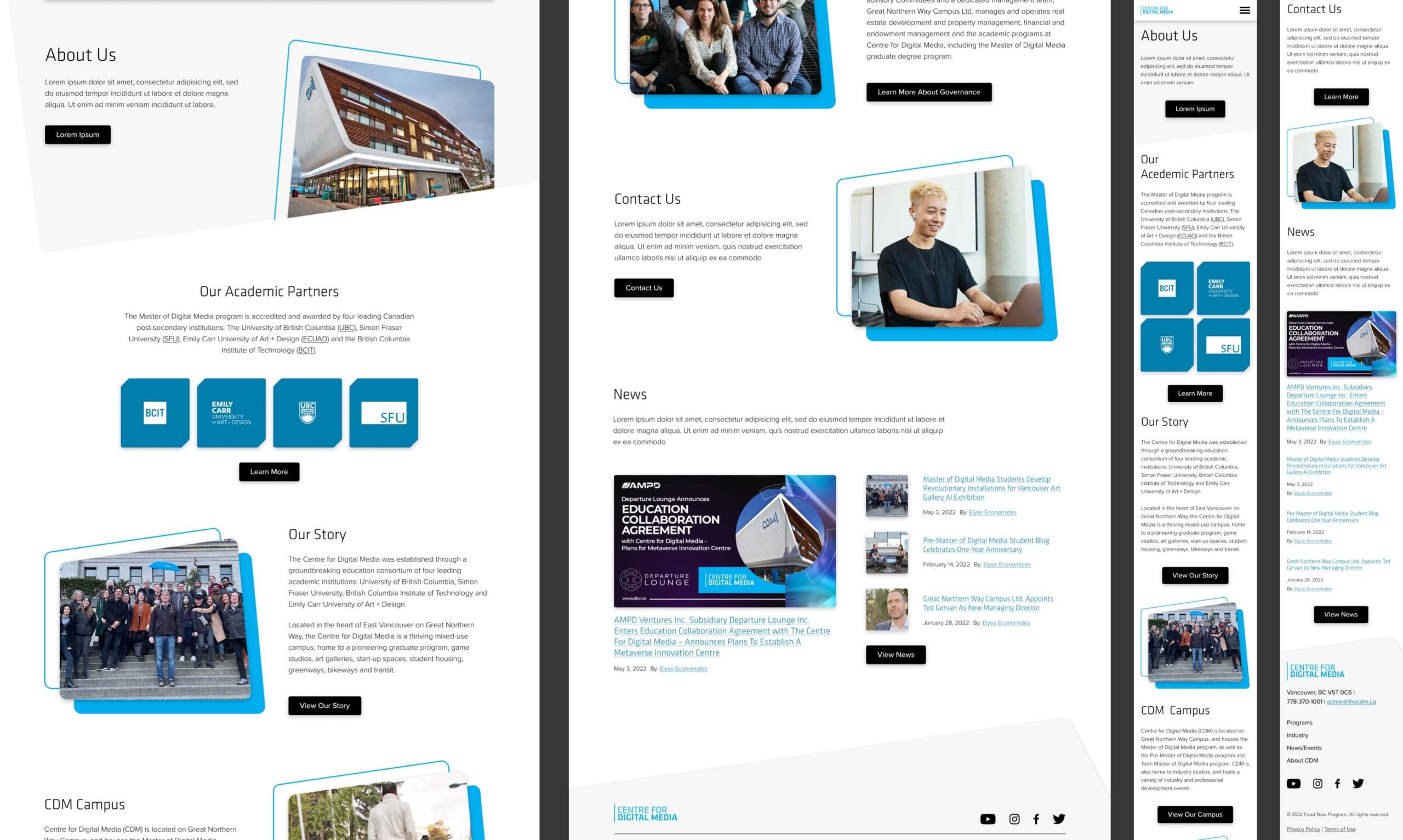 Collage of a landing page design, comprised of various views for the desktop and mobile.