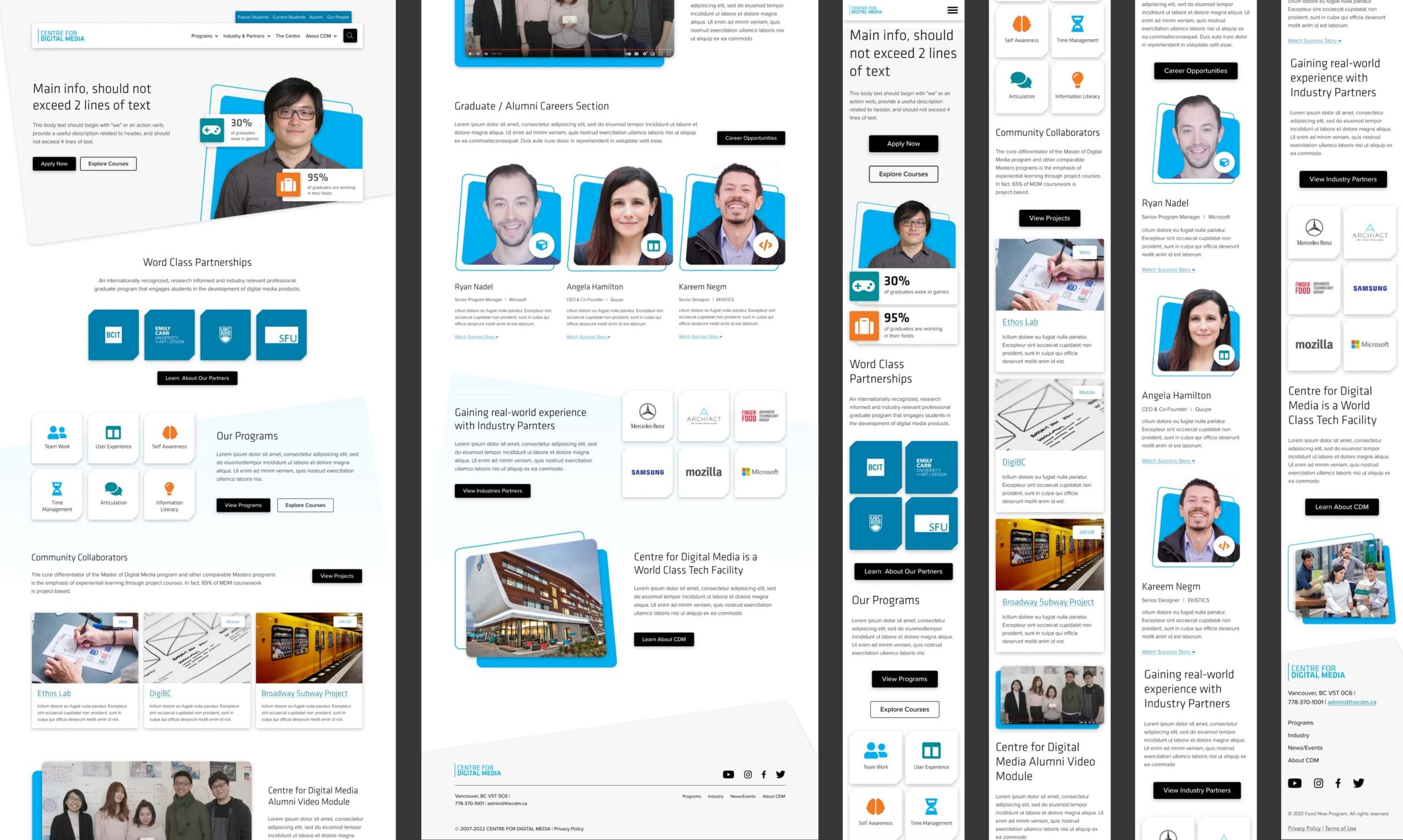 Collage of the home page design, comprised of various views for the desktop and mobile.