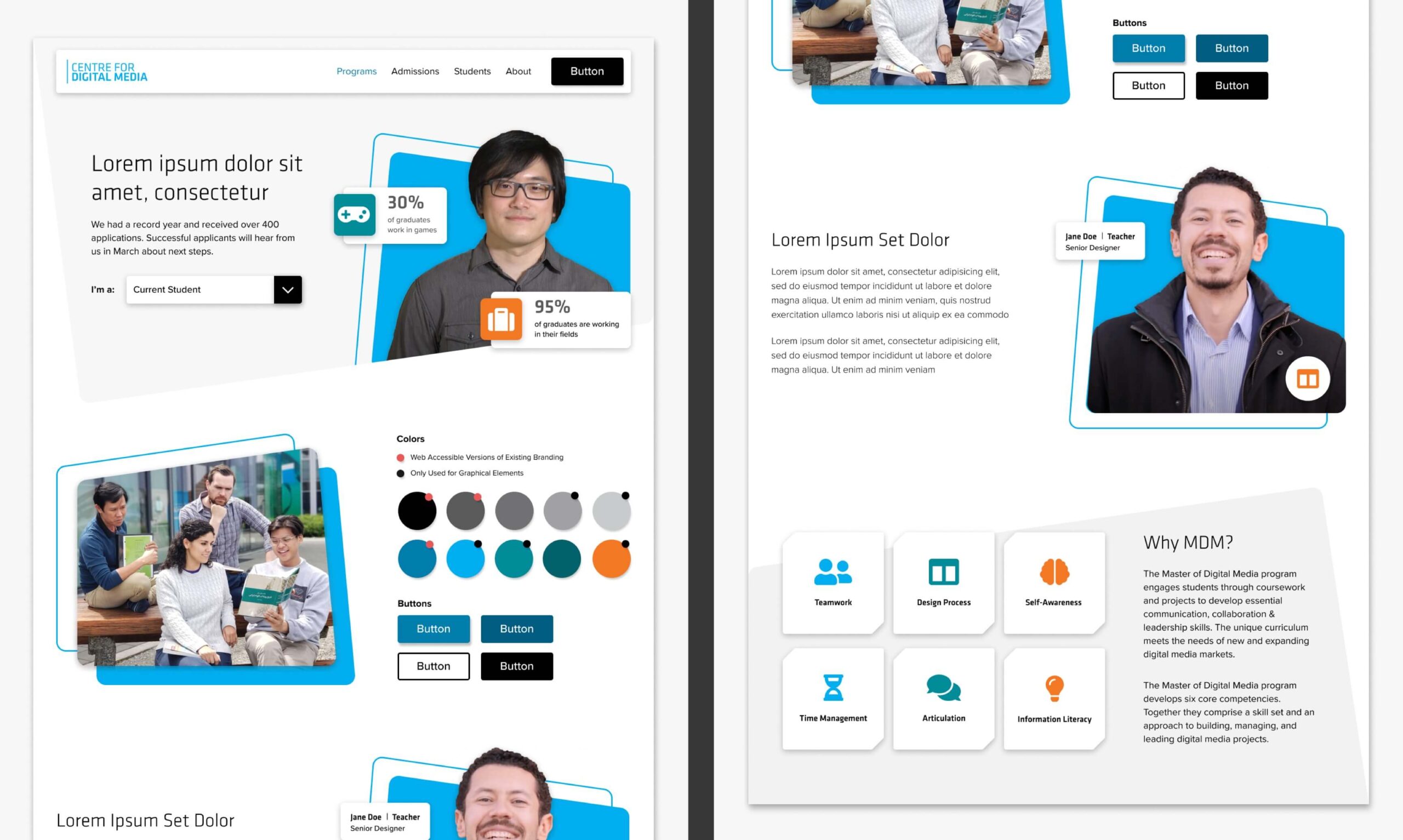 A collage of elements that display examples of components: hero section, buttons, fields, cards, and featured step sections with background graphics.