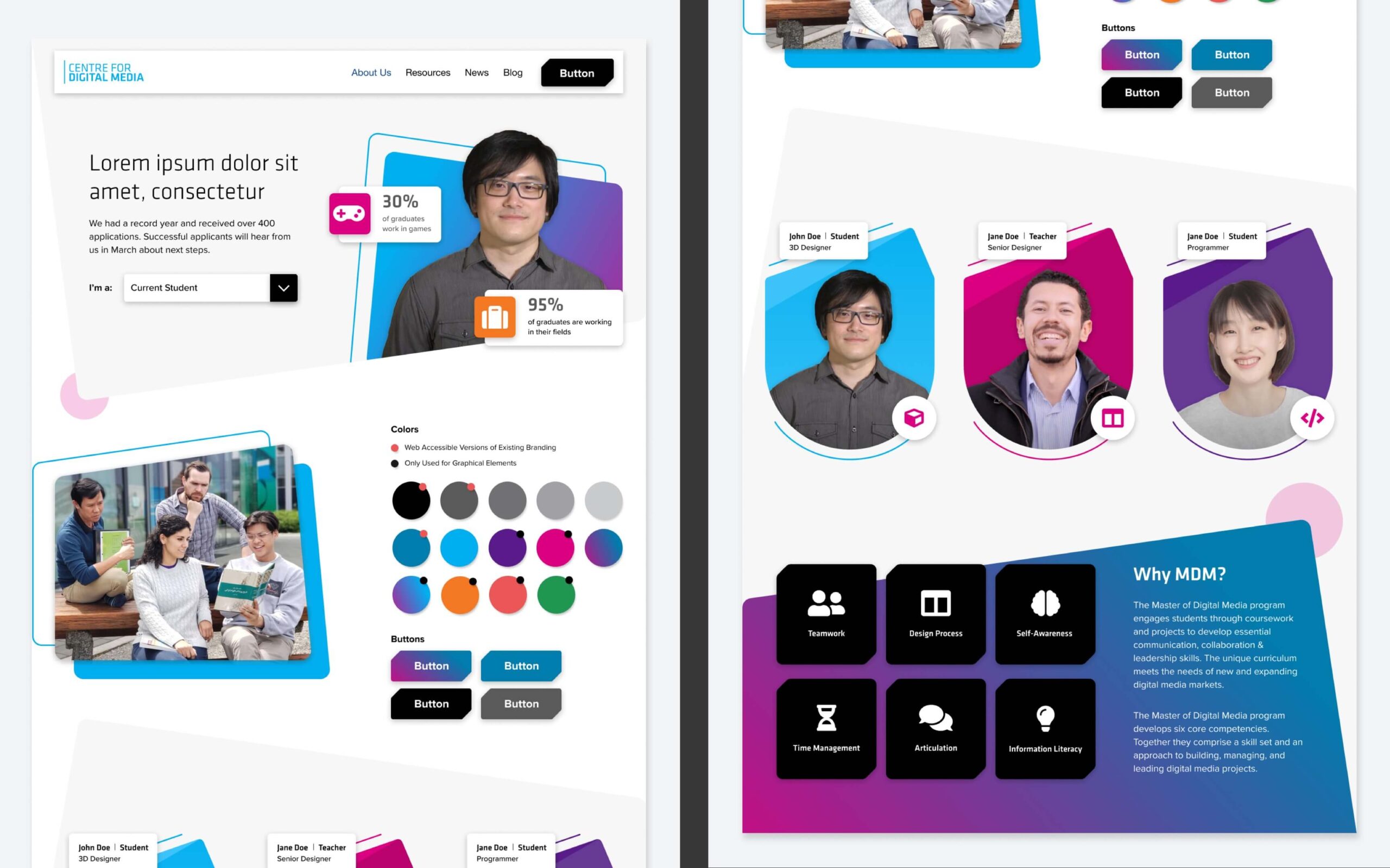 A collage of elements that display examples of: logos, adjectives, type, color swatches, video, images, and graphics that can be potentially used for the site.