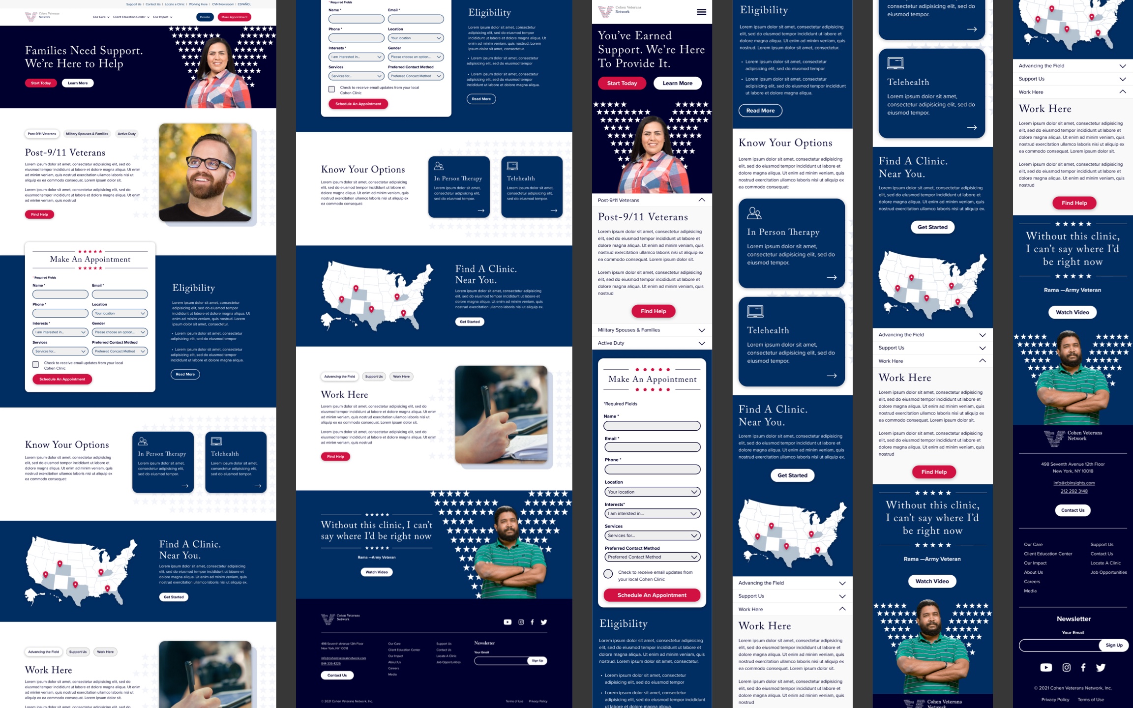 Collage of the home page design, comprised of various views for the desktop and mobile.