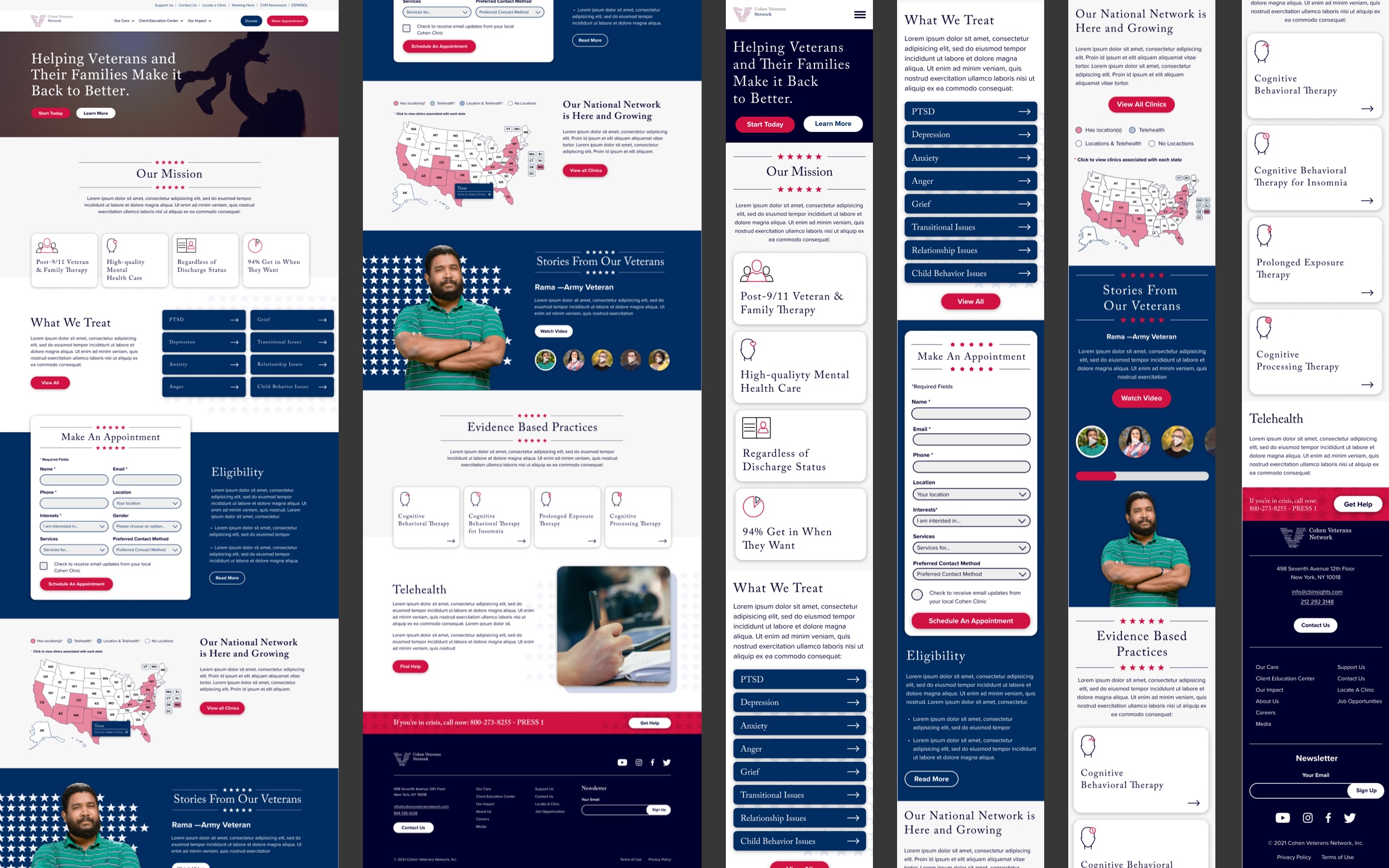 Collage of a landing page design, comprised of various views for the desktop and mobile.
