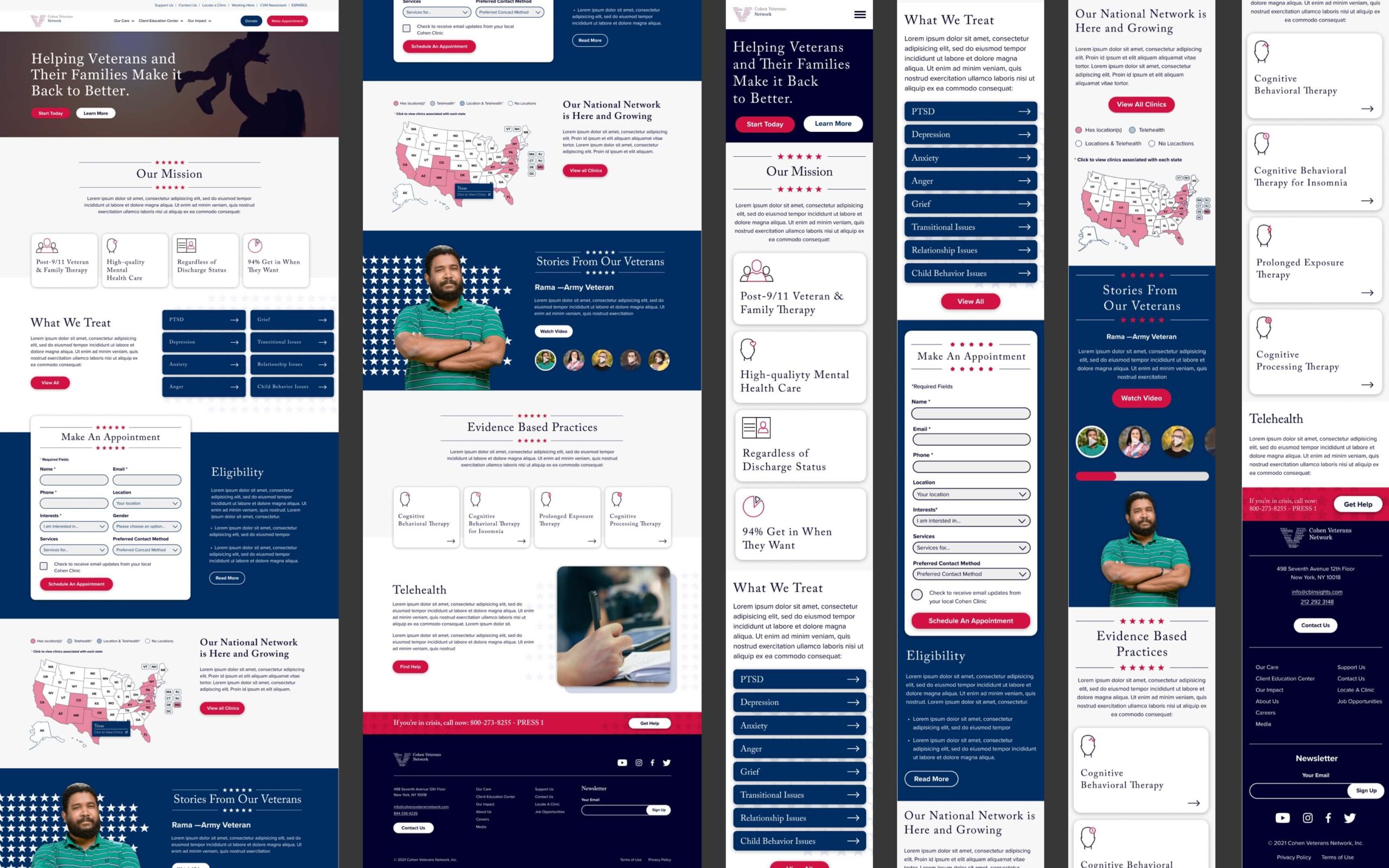 Collage of a landing page design, comprised of various views for the desktop and mobile.