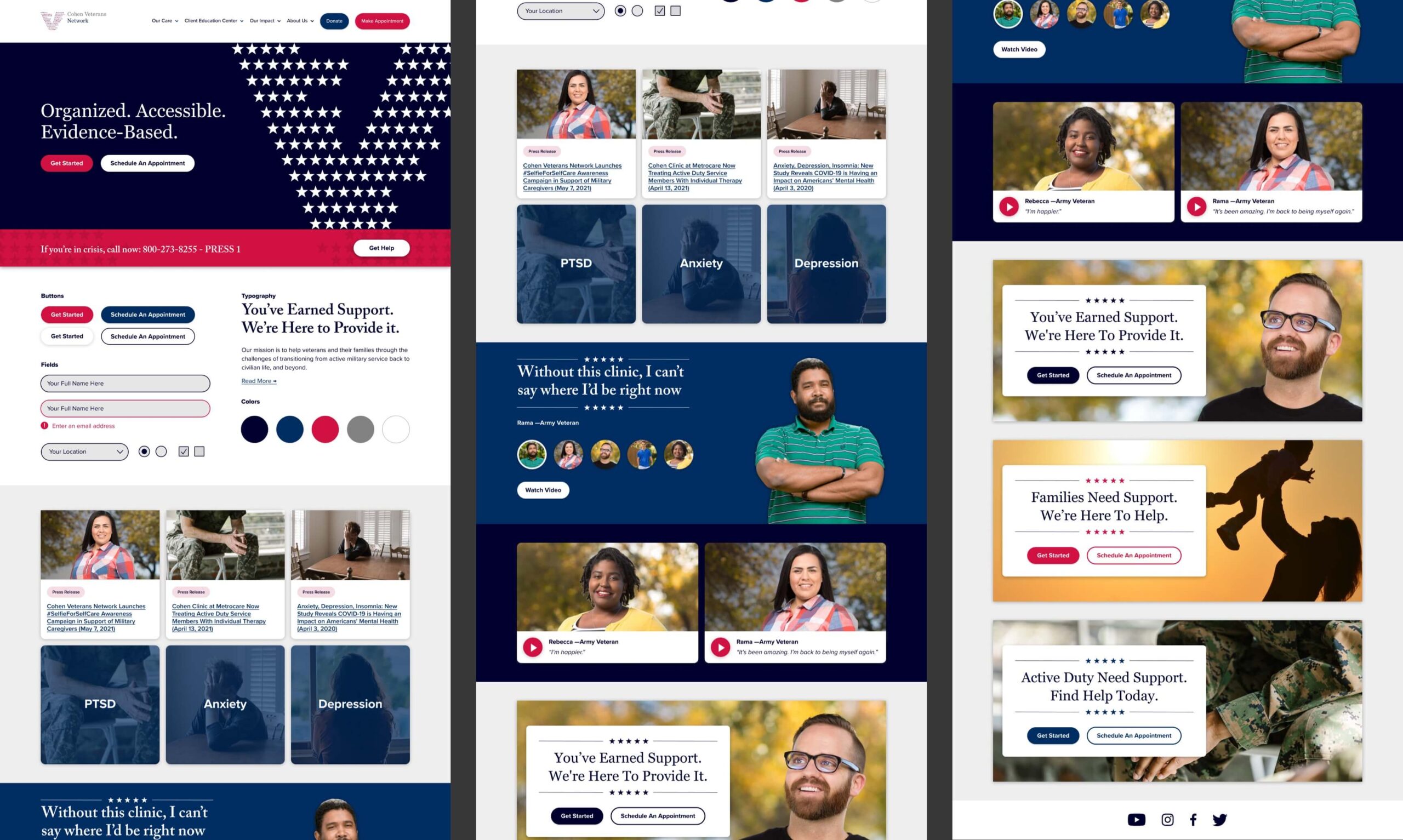 A collage of elements that display examples of components: hero section, buttons, fields, cards, and featured step sections with background graphics.